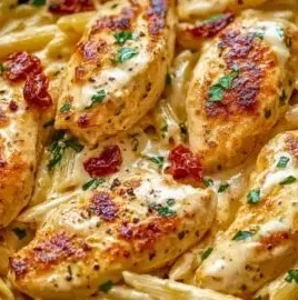 Creamy garlic parmesan Marry Me Chicken pasta served on a plate
