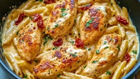 Creamy garlic parmesan Marry Me Chicken pasta served on a plate