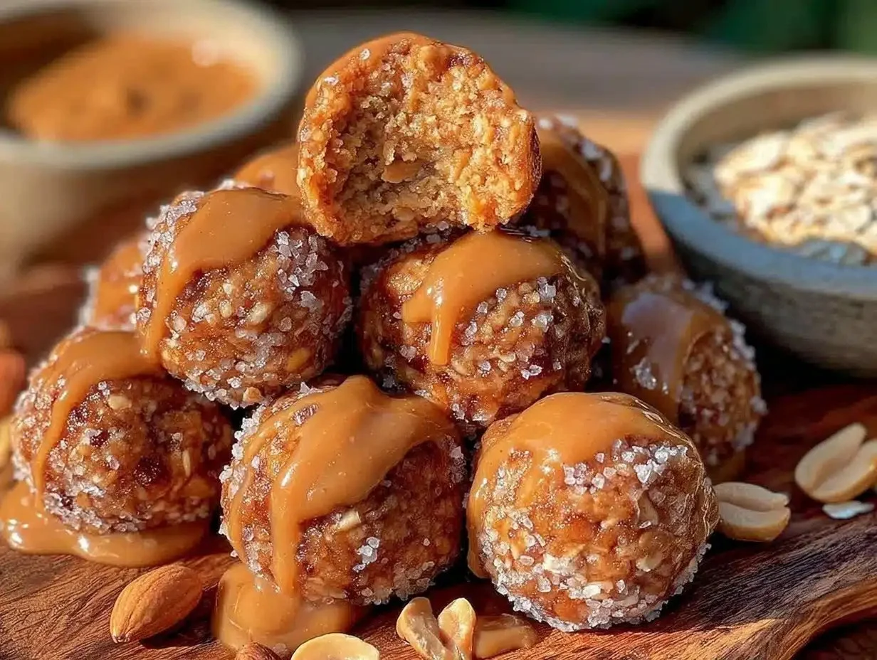 No-bake peanut butter oat energy balls on a wooden plate