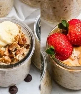 A bowl of easy overnight oats topped with fresh fruits and nuts