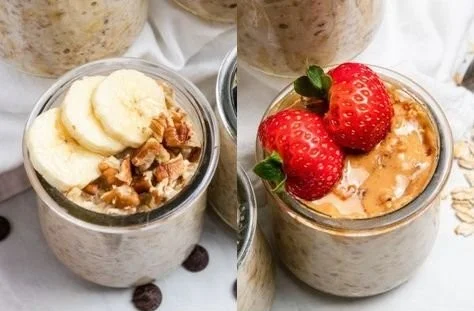 A bowl of easy overnight oats topped with fresh fruits and nuts