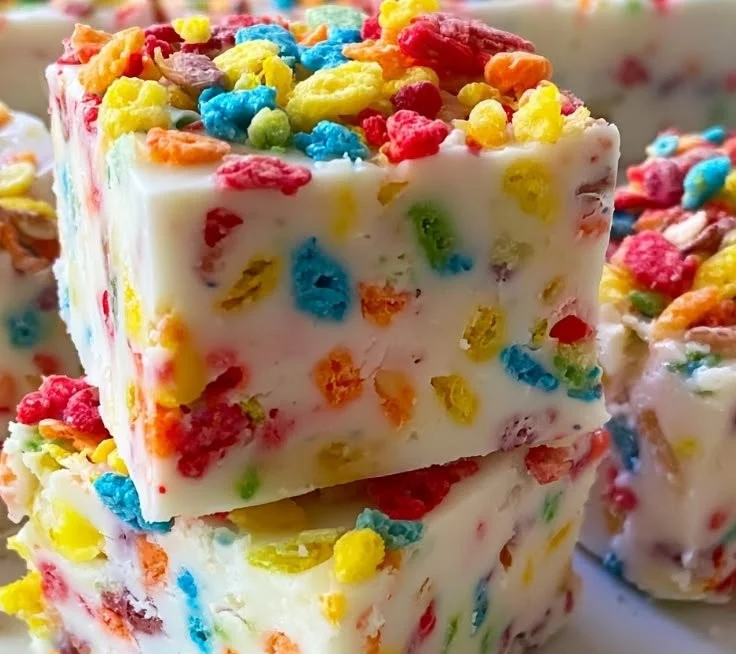 Delicious Fruity Pebbles Fudge topped with colorful cereal pieces