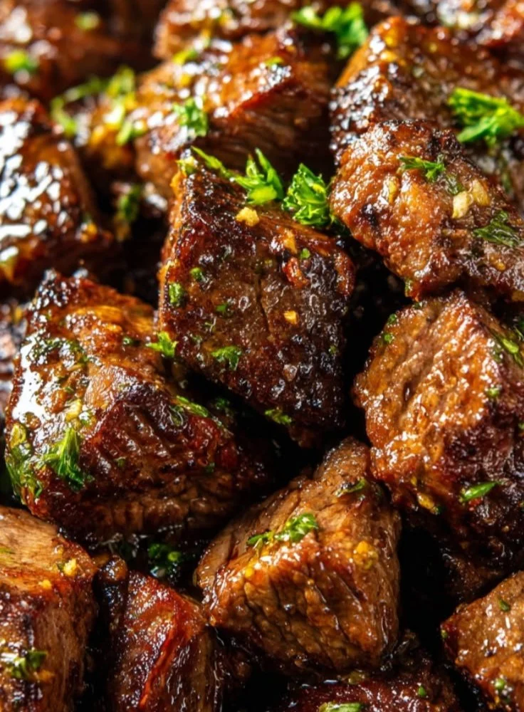 Plate of delicious garlic butter steak bites garnished with herbs