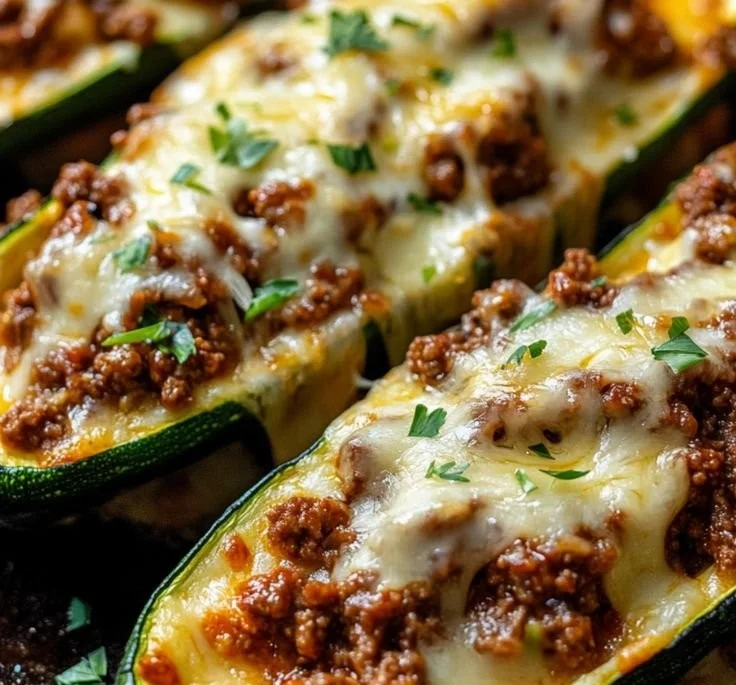 Ground Beef Stuffed Zucchini Boats ready to serve on a plate