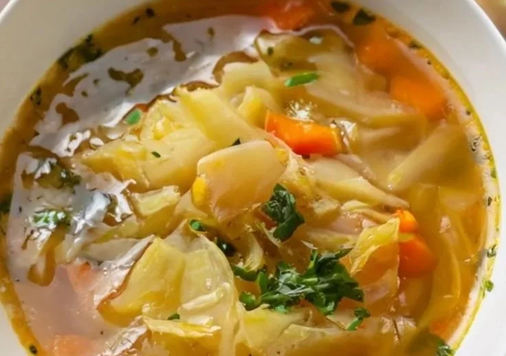 Bowl of healing cabbage soup filled with fresh vegetables and spices