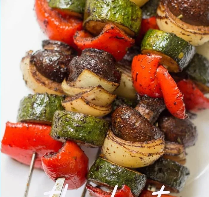 Colorful healthy vegetable kebabs on skewers ready for grilling