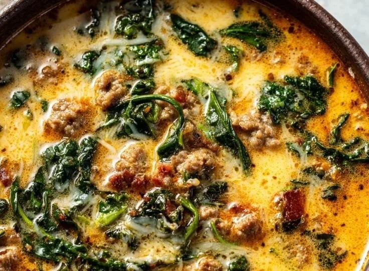 Bowl of hearty keto soup with fresh vegetables and herbs