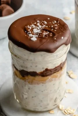 Delicious high-protein peanut butter cup overnight oats topped with chocolate and nuts.