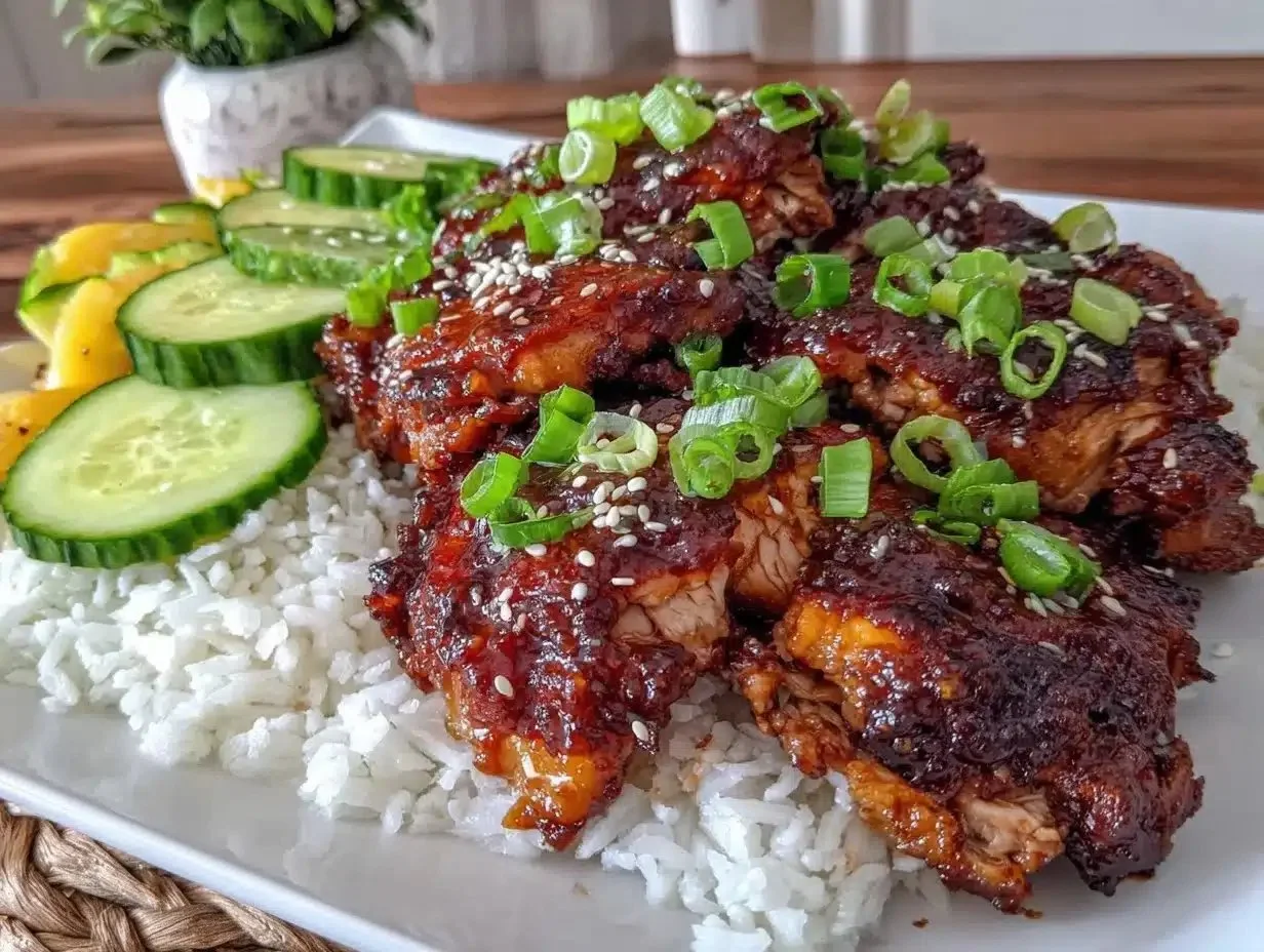 Delicious Honey Gochujang Chicken served with vegetables and rice