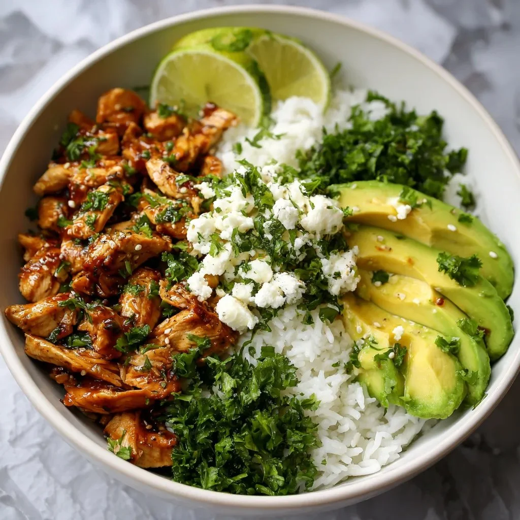 Delicious Honey Lime Chicken served with Avocado Rice in a healthy dinner bowl
