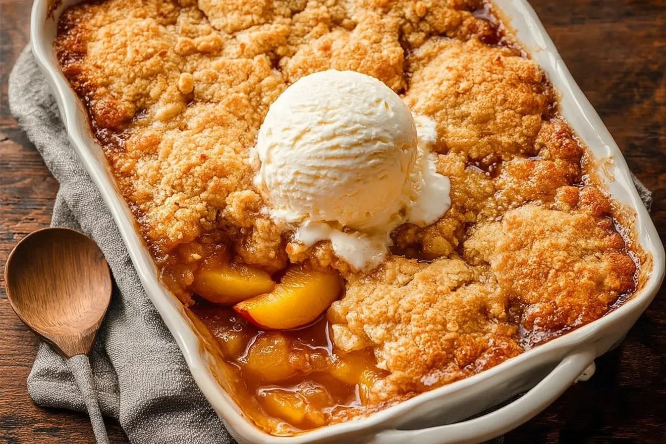 Delicious peach cobbler prepared using Joanna Gaines recipe, topped with golden crust.