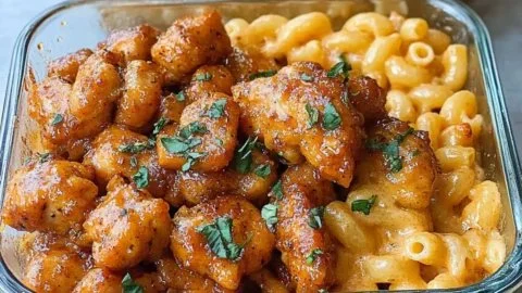 Delicious honey garlic chicken mac with high protein content