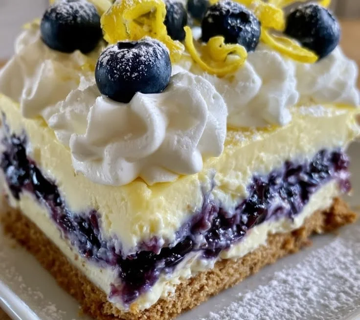 Lemon Blueberry Layered Delight dessert with layers of lemon and blueberry flavors