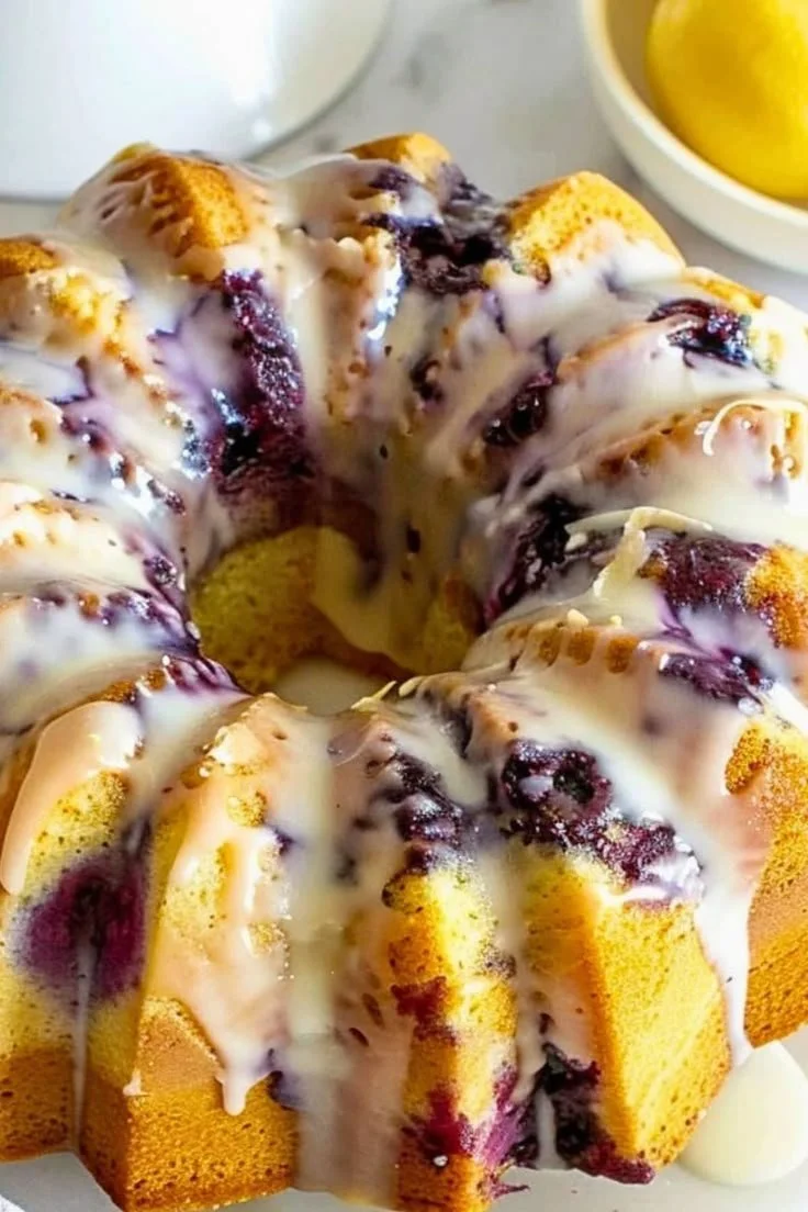 Lemon Blueberry Pound Cake garnished with fresh blueberries and lemon slices