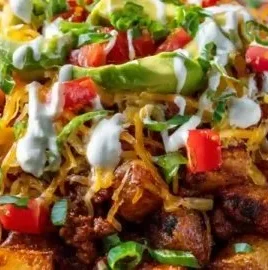 Delicious Loaded Potato Taco Bowl with crispy potatoes and fresh toppings