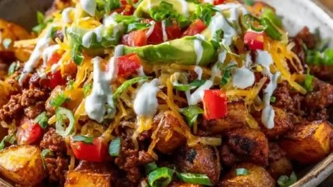 Delicious Loaded Potato Taco Bowl with crispy potatoes and fresh toppings