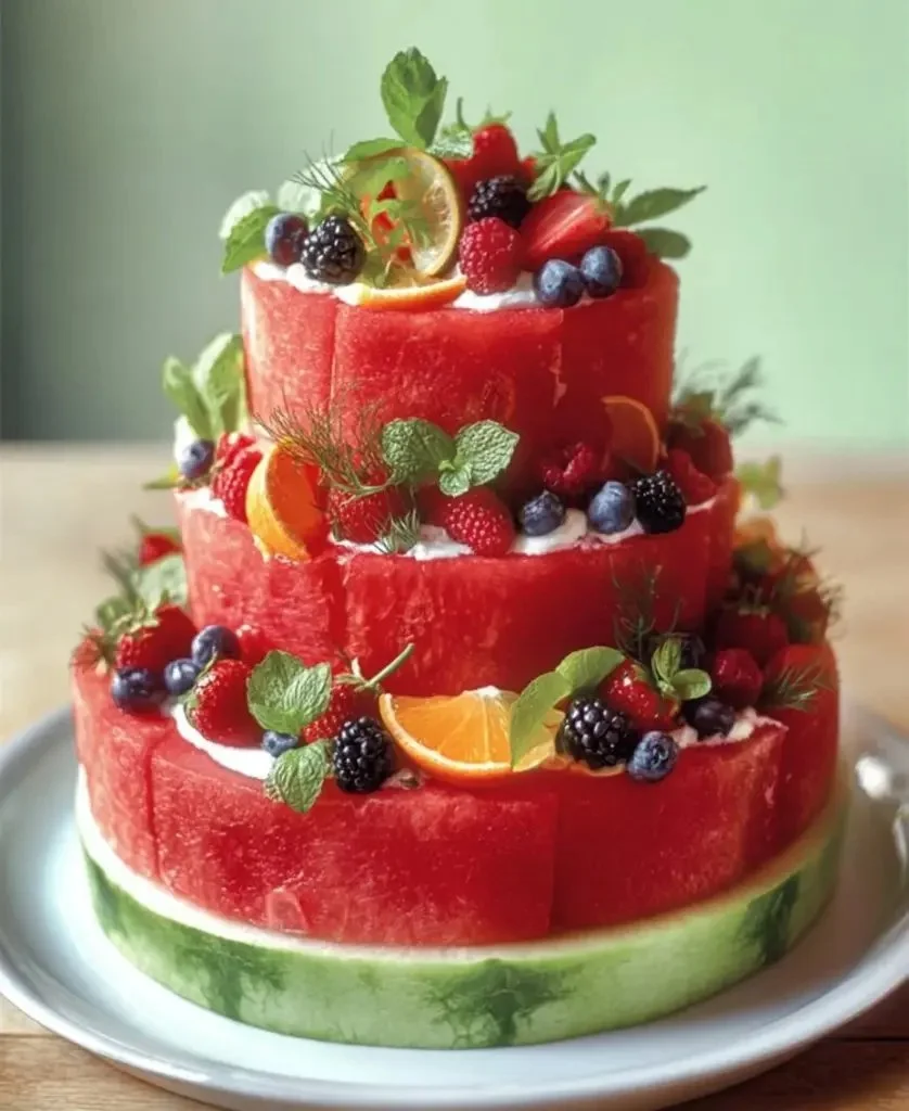 Refreshing melon cake made with fresh fruit and whipped cream.