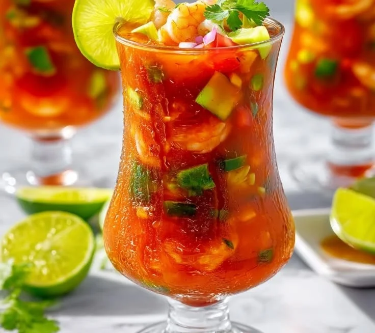 A colorful bowl of Mexican shrimp cocktail with fresh vegetables and lime.