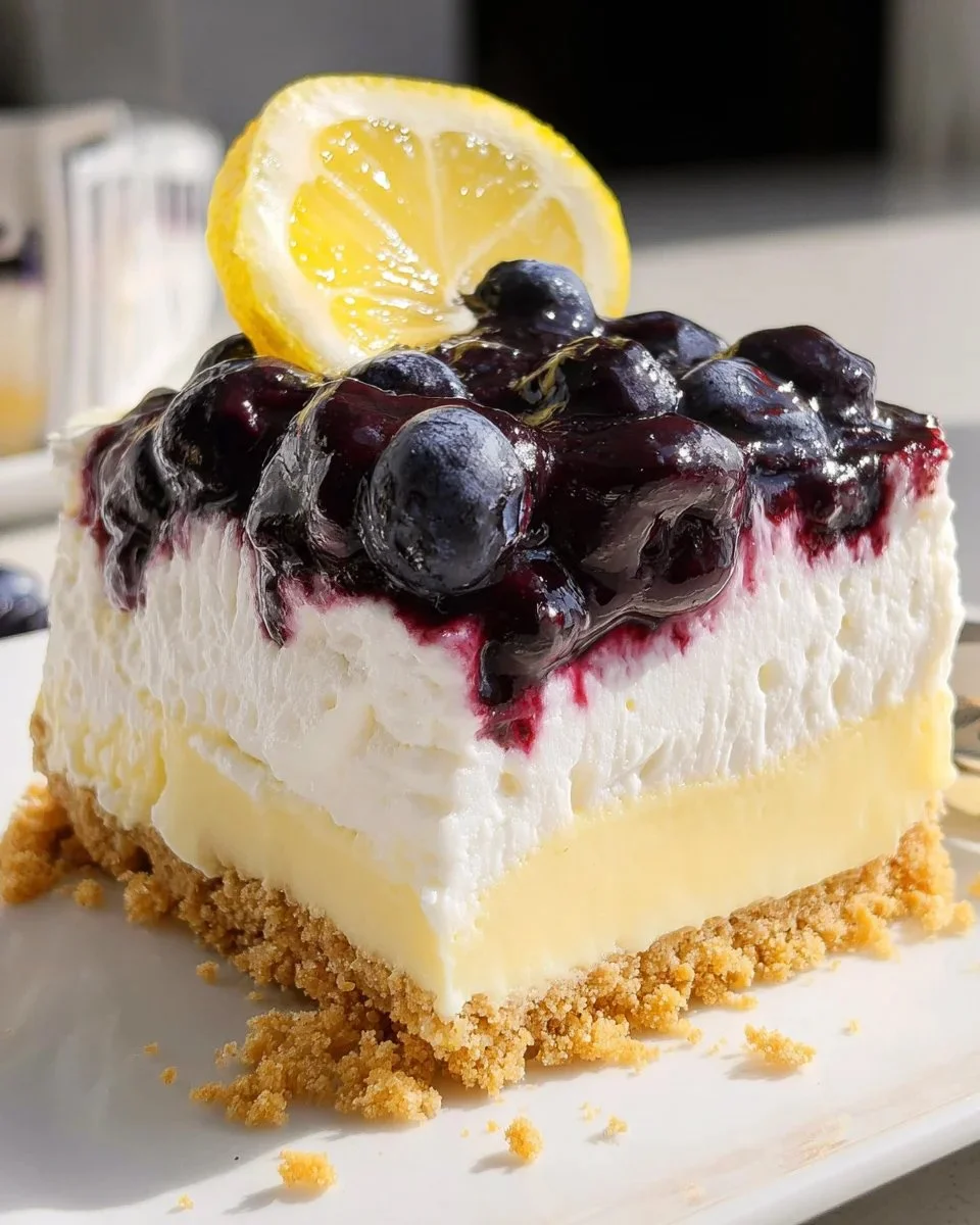 No bake lemon blueberry dessert topped with fresh blueberries