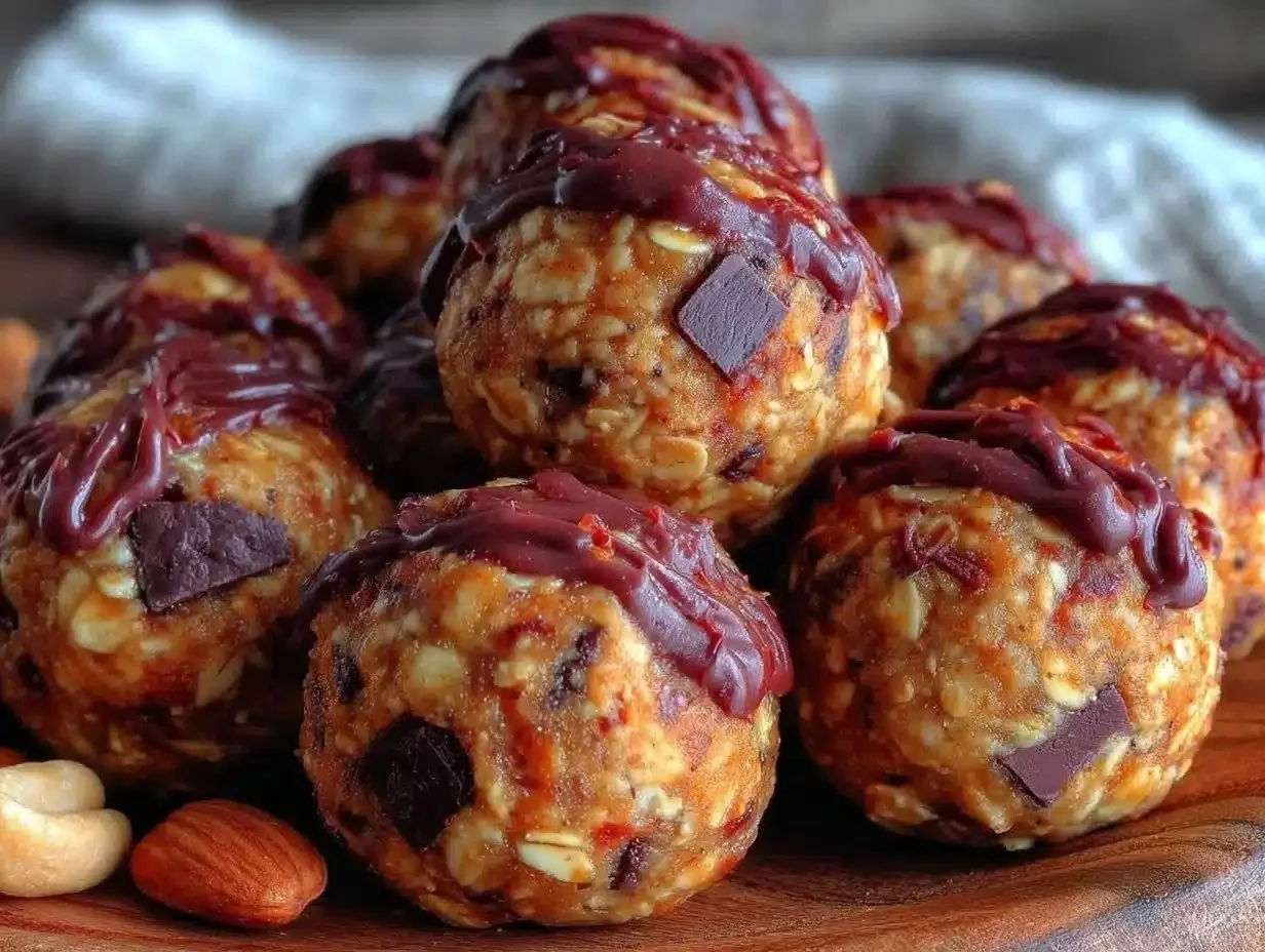 No-bake peanut butter chocolate oat energy balls on a plate