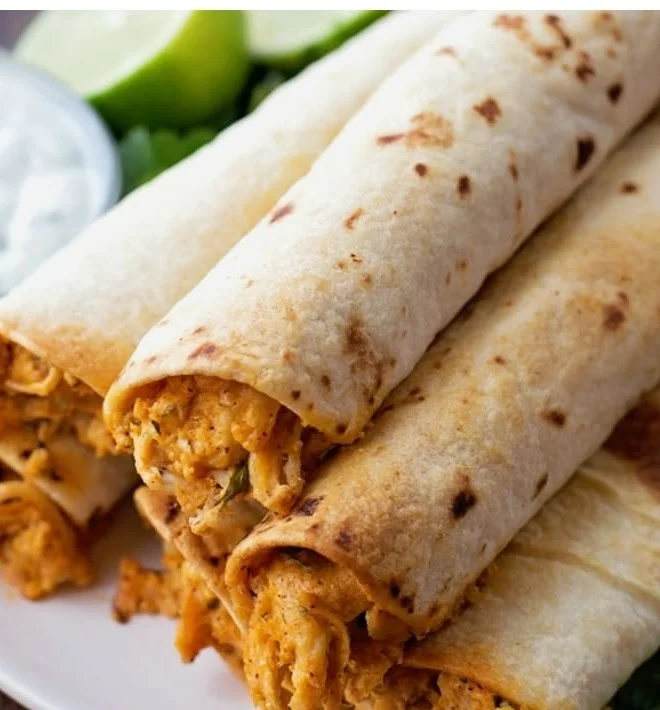 Oven baked chicken taquitos served with salsa and garnished with cilantro