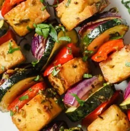 Oven-Baked Lemon Garlic Tofu and Veggie Skewers ready to serve