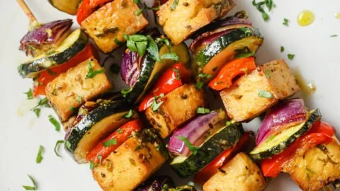 Oven-Baked Lemon Garlic Tofu and Veggie Skewers