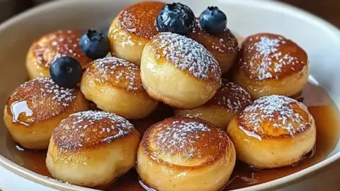 Delicious pancake poppers served on a plate, perfect for easy mornings.