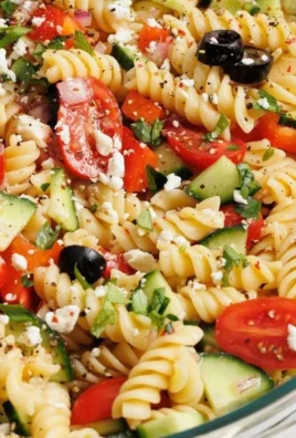 Colorful and tasty pasta salad with vegetables and dressing served in a bowl