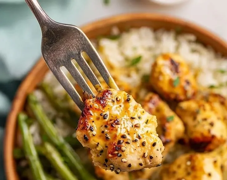 Delicious honey mustard chicken bowl with fresh vegetables and grains