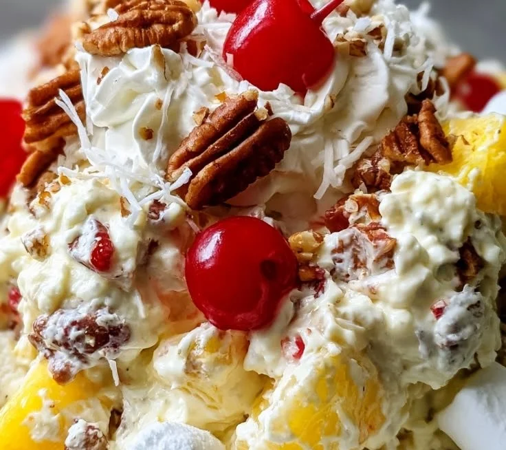 Pineapple Pecan Cheesecake Salad with cream and nuts
