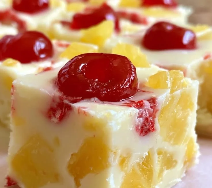 Delicious Pineapple Upside Down Fudge dessert with pineapple topping.