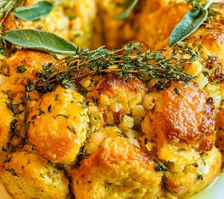 Pull Apart Stuffing Ring served on a festive table with gravy and garnishes.