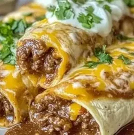 Savory ground beef burritos smothered in creamy chipotle sauce