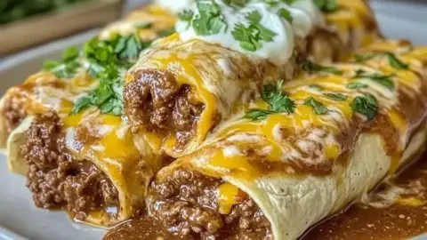 Savory ground beef burritos smothered in creamy chipotle sauce
