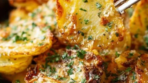 Sliced baked potatoes served with toppings on a plate
