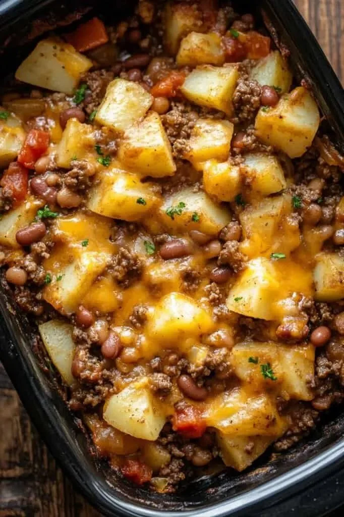 Delicious slow cooker cowboy casserole served in a rustic bowl.
