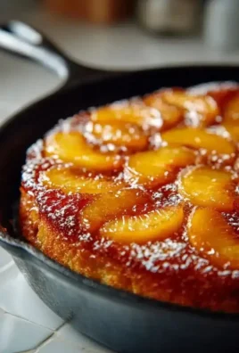 Southern Style Skillet Peach Upside Down Cake with caramelized peaches