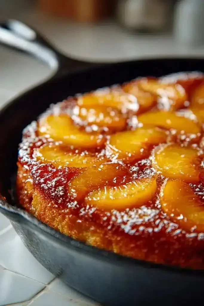 Southern Style Skillet Peach Upside Down Cake with caramelized peaches
