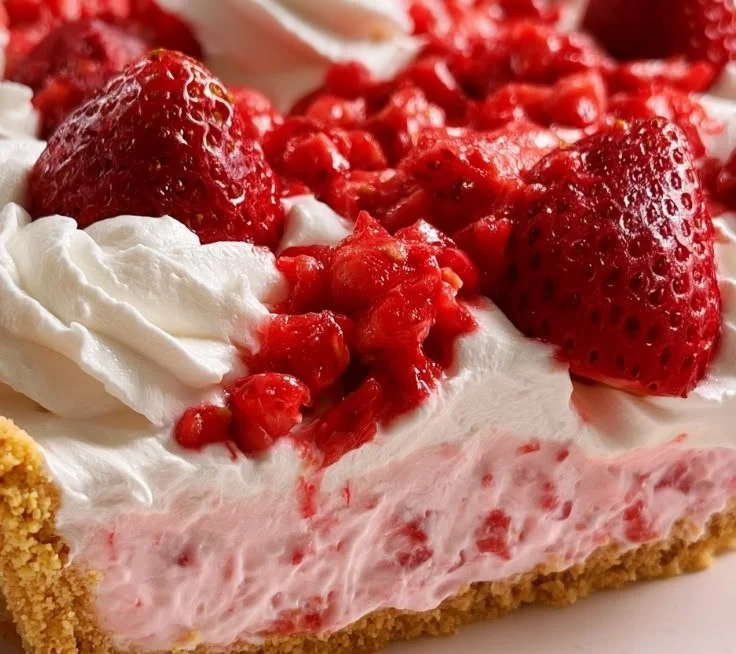 Delicious homemade Strawberry Icebox Pie garnished with fresh strawberries