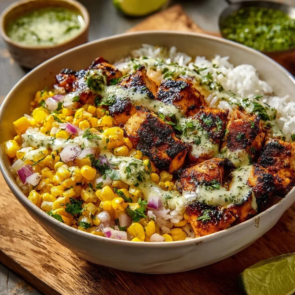 Delicious street corn chicken rice bowls topped with fresh ingredients.