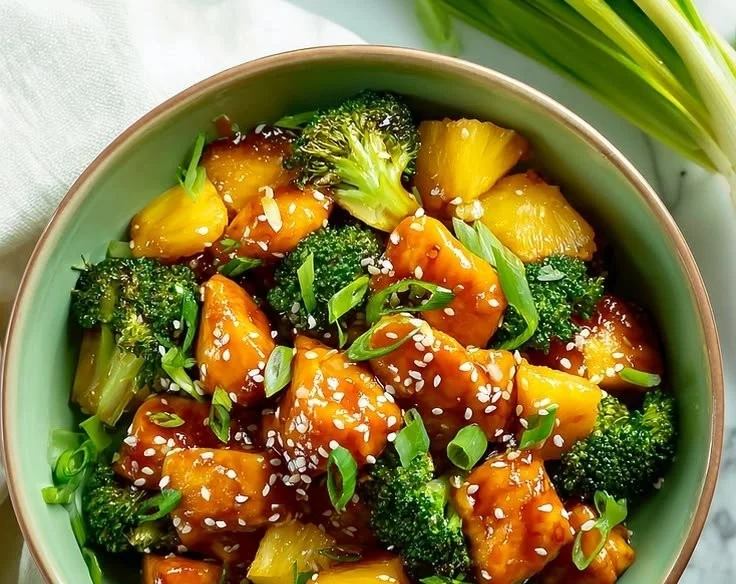 Sheet pan teriyaki chicken with pineapple and broccoli recipe.