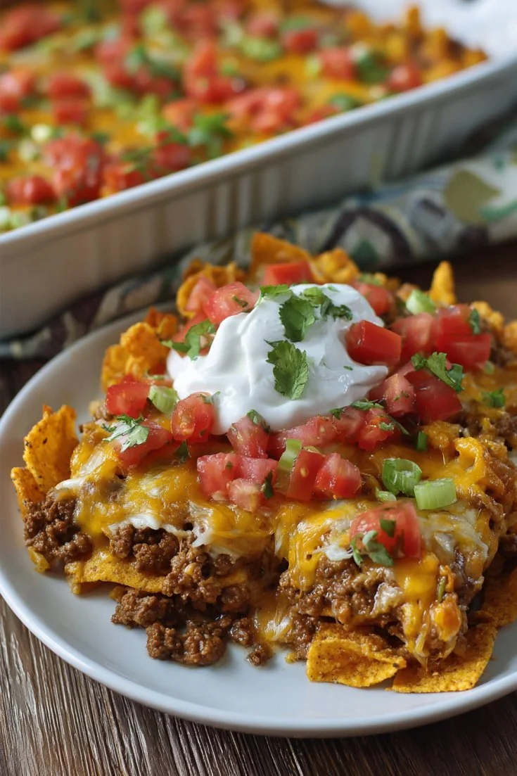 Delicious Walking Taco Casserole topped with cheese and toppings ready to serve.