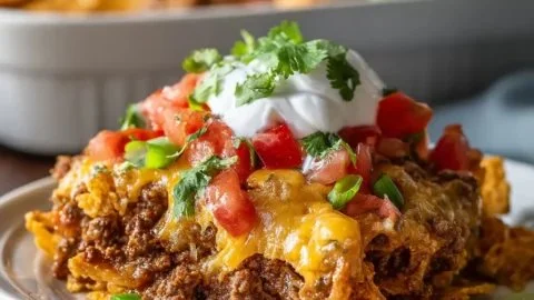 Delicious Walking Taco Casserole served in a bowl with toppings.