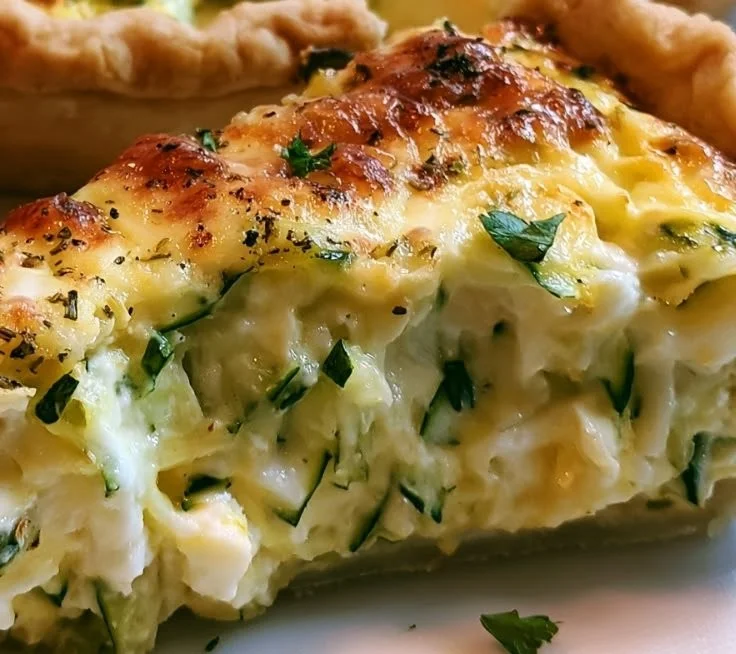 Homemade zucchini pie served on a plate with fresh herbs